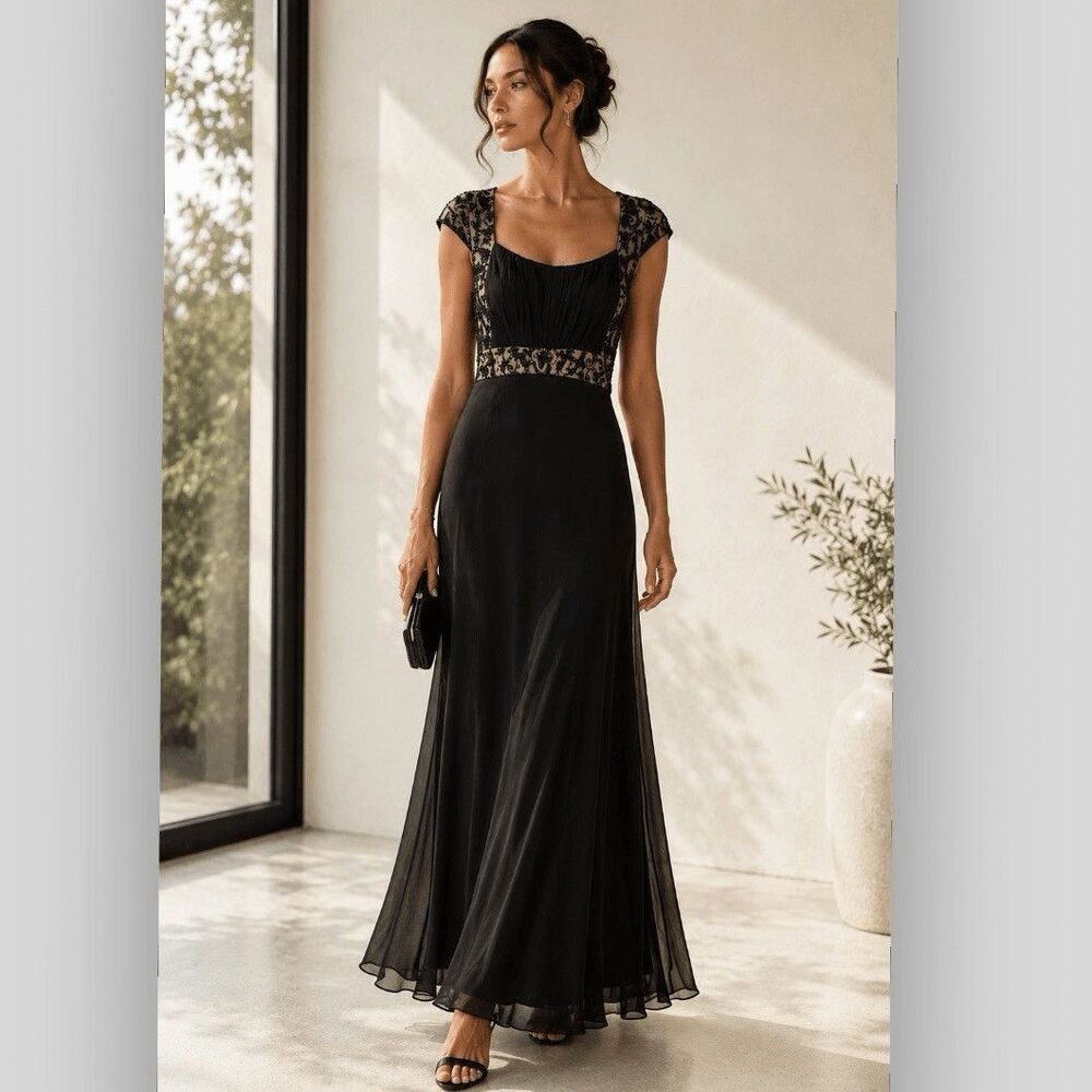 Tadashi Collection Black Nude Beaded Silk Chiffon Evening Maxi Gown Dress Size 8 - Picture 1 of 13